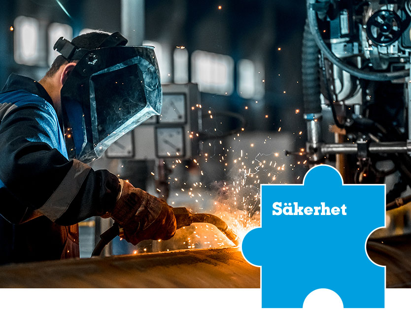 Man svetsar. Pusselbit med texten Säkerhet